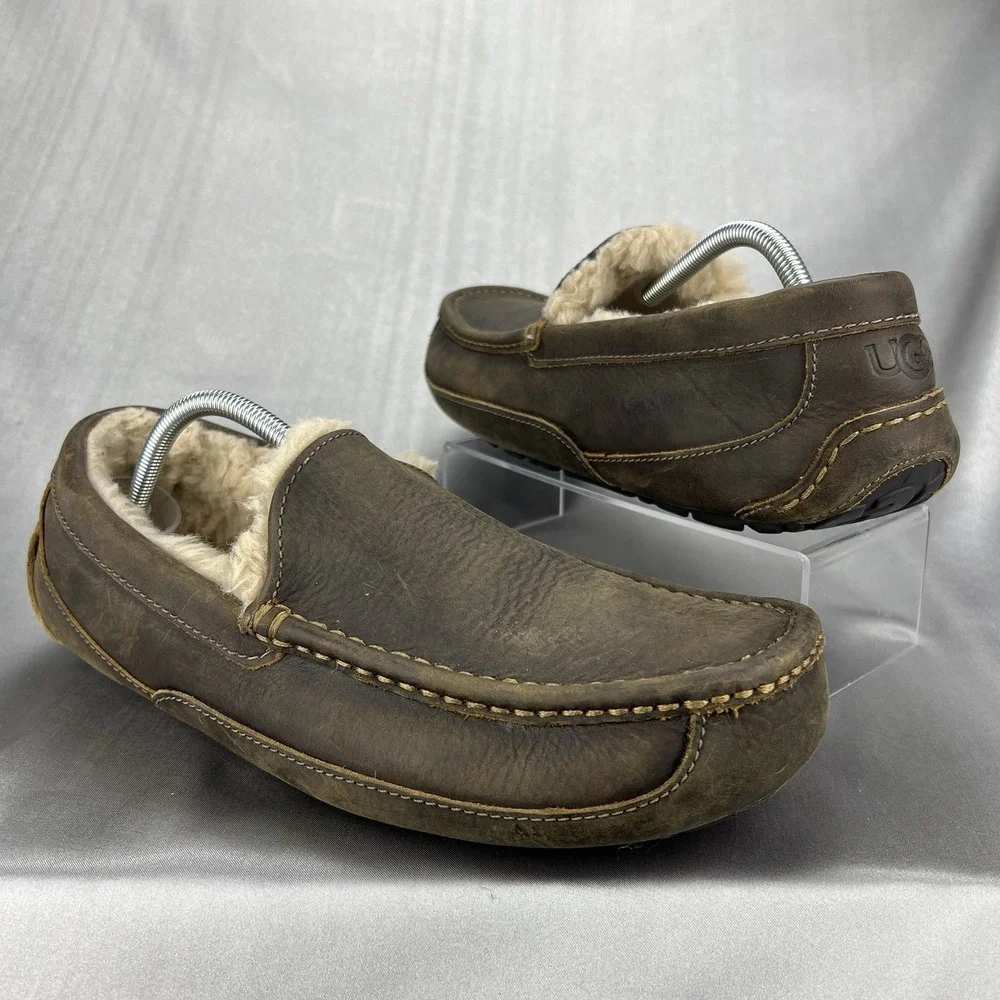 UGG Ascot Leather Wool Slippers Loafers Men's 12 Dark Brown‎ Driving S/N 1103889